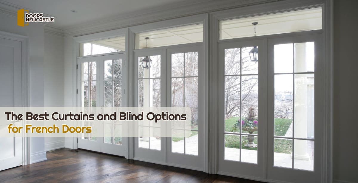 Row of white French doors in a bright garden room