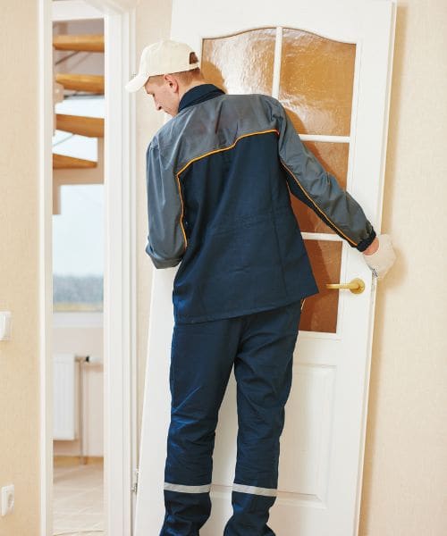 Door fitter hanging a white glazed internal door