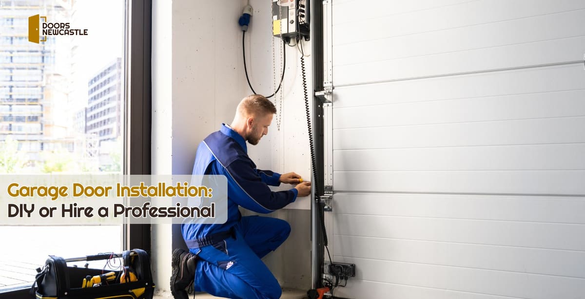 Installer fitting a white sectional garage door