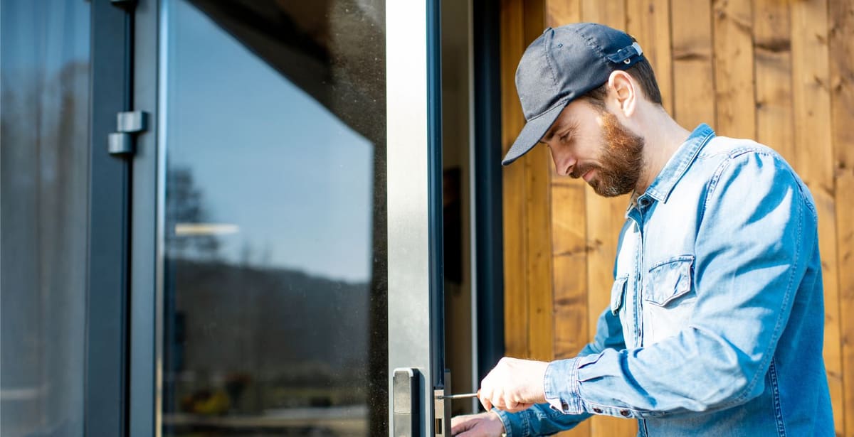 Joiner fitting a lock to a new glazed door