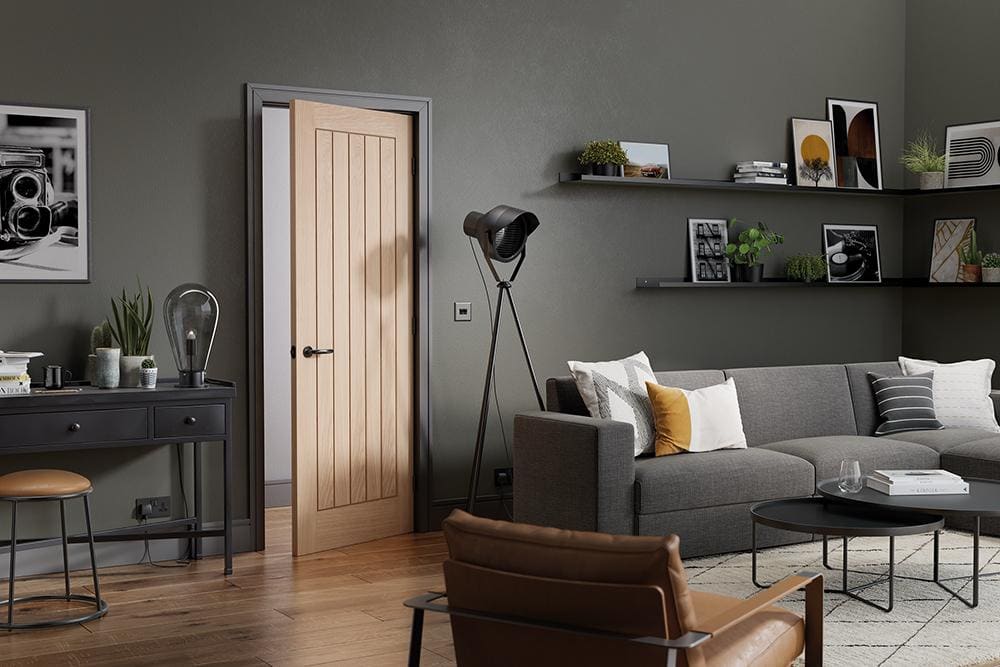Oak cottage internal door in a grey living room